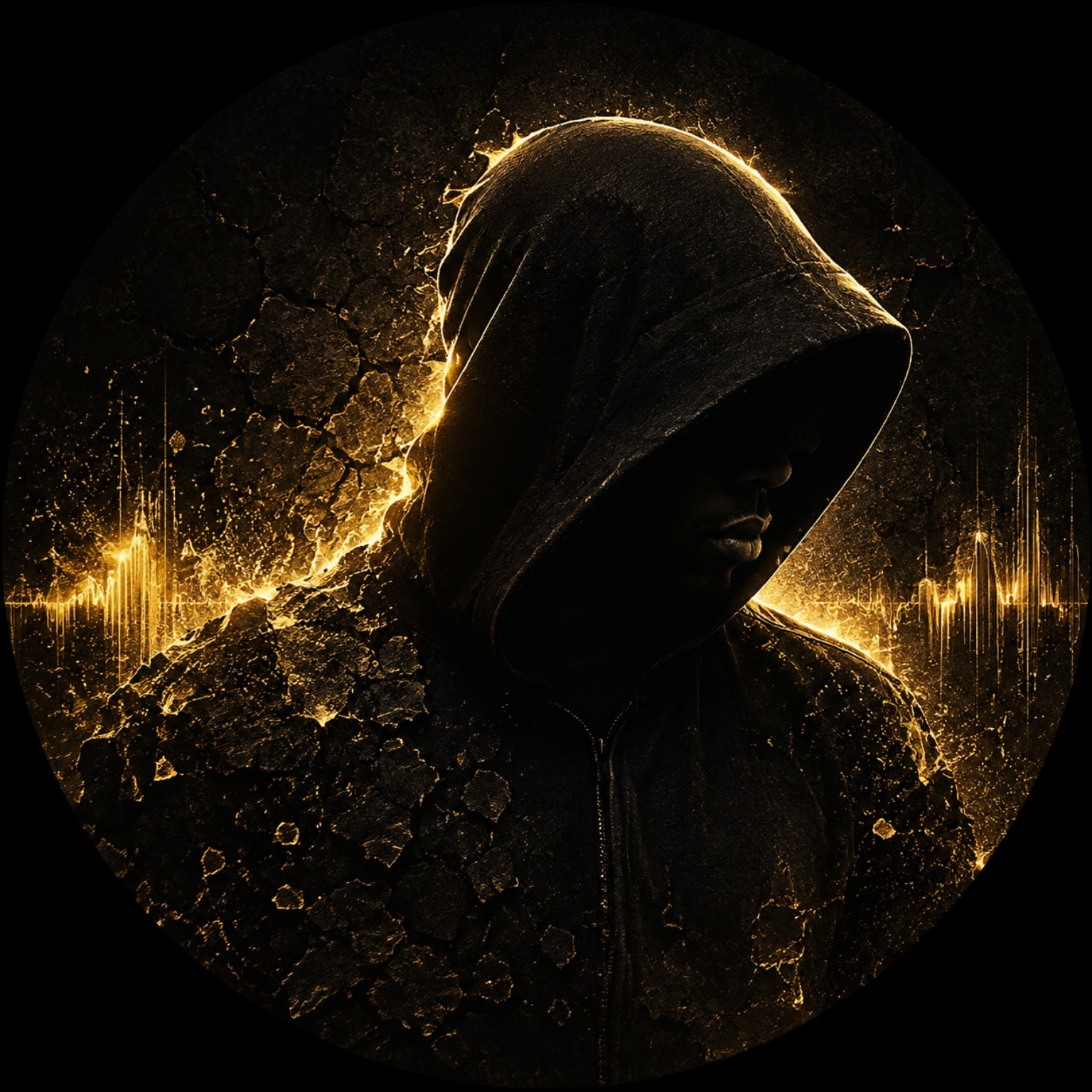 Hooded EZ portrait surrounded by gold light